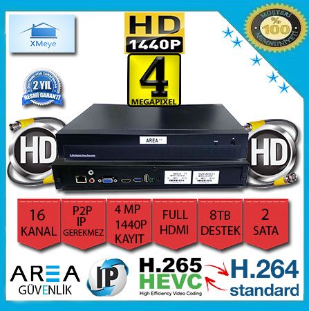 16 Kanal 4 MP 1440P Xmeye NVR IP Kamera Kayıt Cihazı 2 Harddisk AR-4516-2HDD