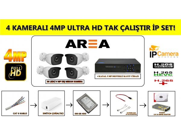 4 KAMERALI 4MP 36 LEDLİ DIŞ MEKAN İP GÜVENLİK SETİ