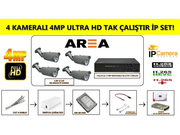 4MP DIŞ MEKAN 42 LEDLİ 4 KAMERALI ULTRA HD İP GÜVENLİK SETİ