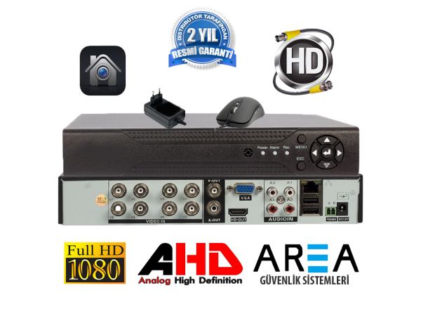 8 KANAL 1080 2MP DESTEKLİ  H265 FULL HD 5in1 Hibrit FONKSYONEL GÜVENLİK KAYIT CİHAZI  AREA