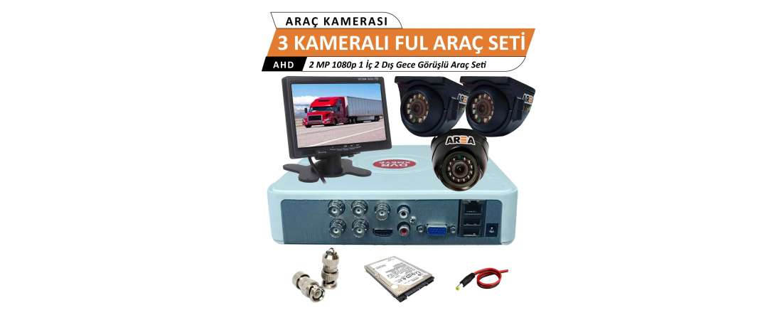 3 Kameralı 1 İç 2 Dış 2Mp 1080p Ultra HD Monitrörlü Full Set 250 Gb Harddisk Dahil
