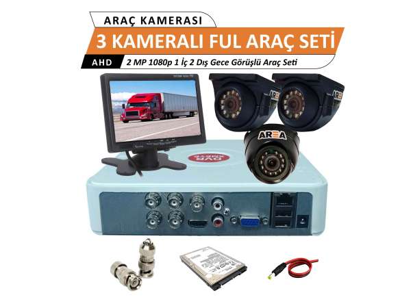 3 Kameralı 1 İç 2 Dış 2Mp 1080p Ultra HD Monitrörlü Full Set 250 Gb Harddisk Dahil