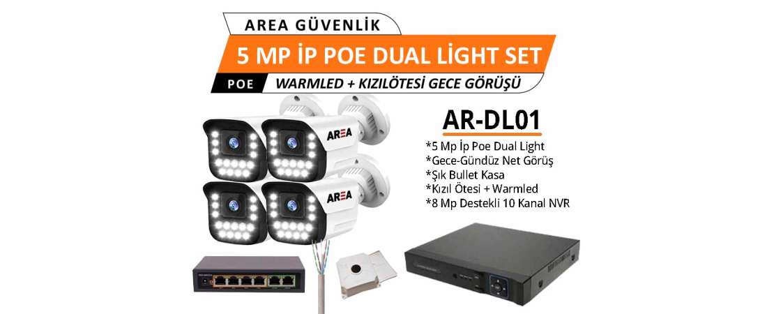 5MP 4 Kameralı Dual Light IP PoE AI Destekli Güvenlik Kamera Seti –Kızıl Ötesi + Warm LED Gece Renkli Kamera Seti