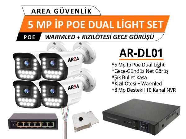 5MP Dual Light IP PoE AI Destekli Güvenlik Kamera Seti –Kızıl Ötesi + Warm LED Gece Renkli Kamera Seti