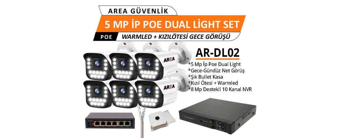 5MP 6 Kameralı Dual Light IP PoE AI Destekli Güvenlik Kamera Seti –Kızıl Ötesi + Warm LED Gece Renkli Kamera Seti