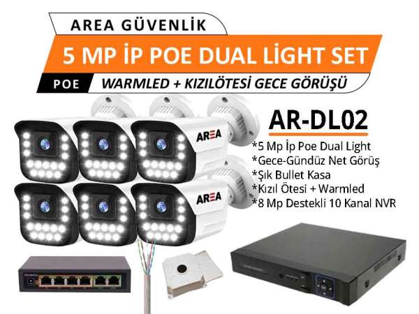 5MP 6 Kameralı Dual Light IP PoE AI Destekli Güvenlik Kamera Seti –Kızıl Ötesi + Warm LED Gece Renkli Kamera Seti