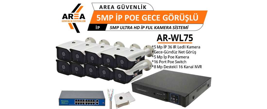 5 MP IP PoE 10 Kameralı Gece Görüşlü Ultra HD IP PoE Güvenlik Seti