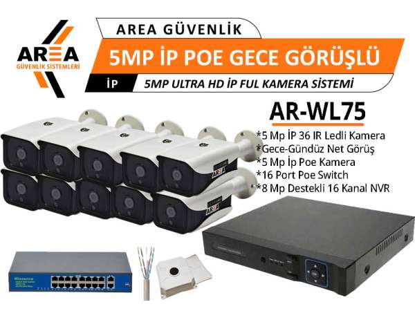 5 MP IP PoE 10 Kameralı Gece Görüşlü Ultra HD IP PoE Güvenlik Seti
