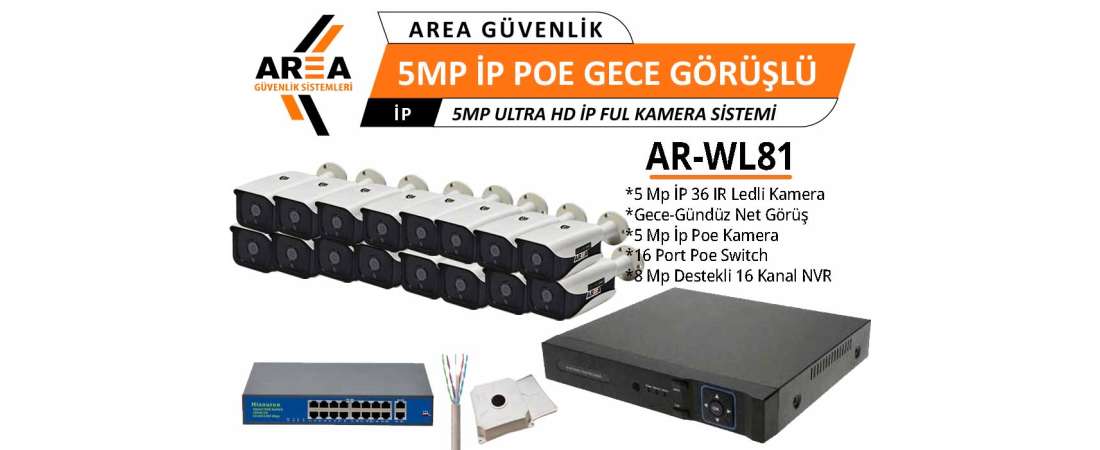 5 MP IP PoE 16 Kameralı Gece Görüşlü Ultra HD IP PoE Güvenlik Seti