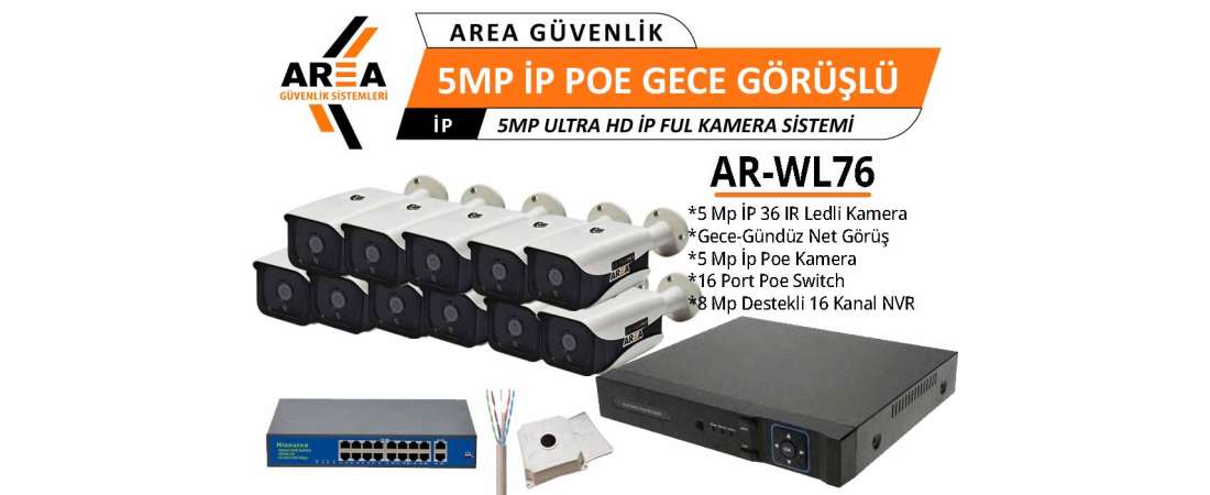 5 MP IP PoE 11 Kameralı Gece Görüşlü Ultra HD IP PoE Güvenlik Seti