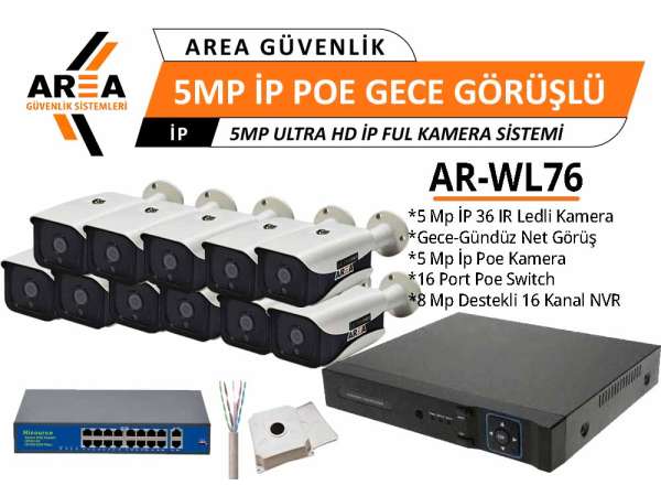 5 MP IP PoE 11 Kameralı Gece Görüşlü Ultra HD IP PoE Güvenlik Seti