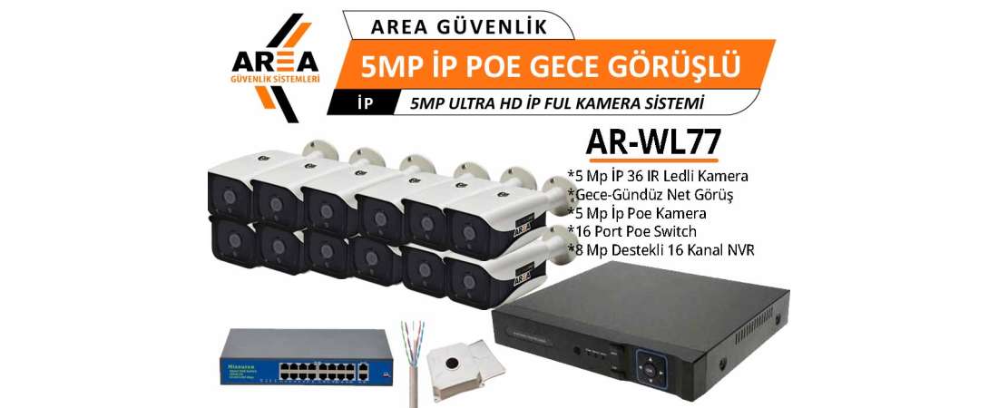 5 MP IP PoE 12 Kameralı Gece Görüşlü Ultra HD IP PoE Güvenlik Seti
