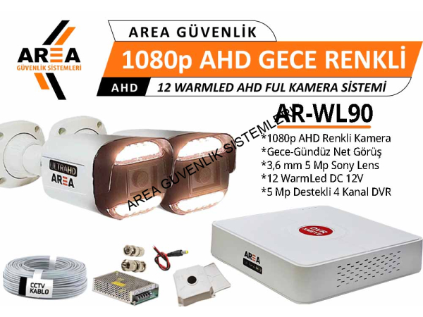 1080p 2 Kameralı Gece Gündüz Renkli Warmled ULTRA HD AHD Güvenlik Seti
