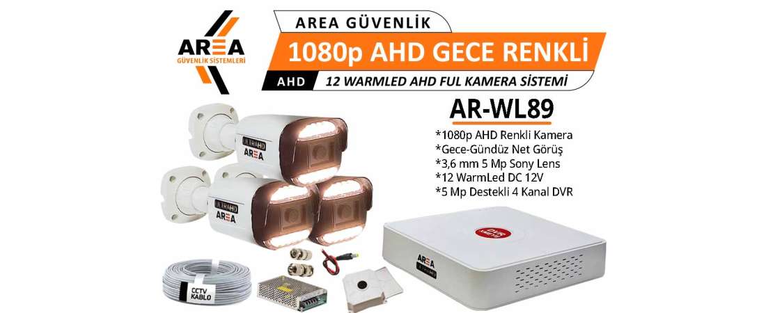1080p 3 Kameralı Gece Gündüz Renkli Warmled ULTRA HD AHD Güvenlik Seti