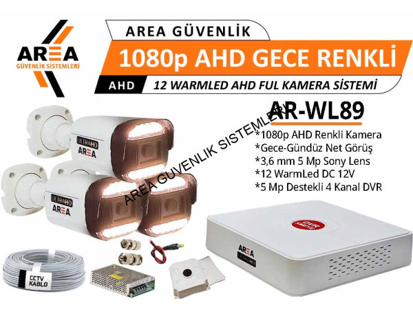 1080p 3 Kameralı Gece Gündüz Renkli Warmled ULTRA HD AHD Güvenlik Seti