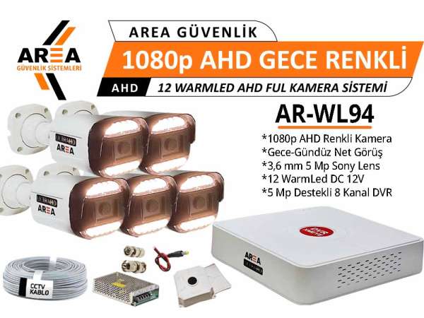 1080p 5 Kameralı Gece Gündüz Renkli Warmled ULTRA HD AHD Güvenlik Seti