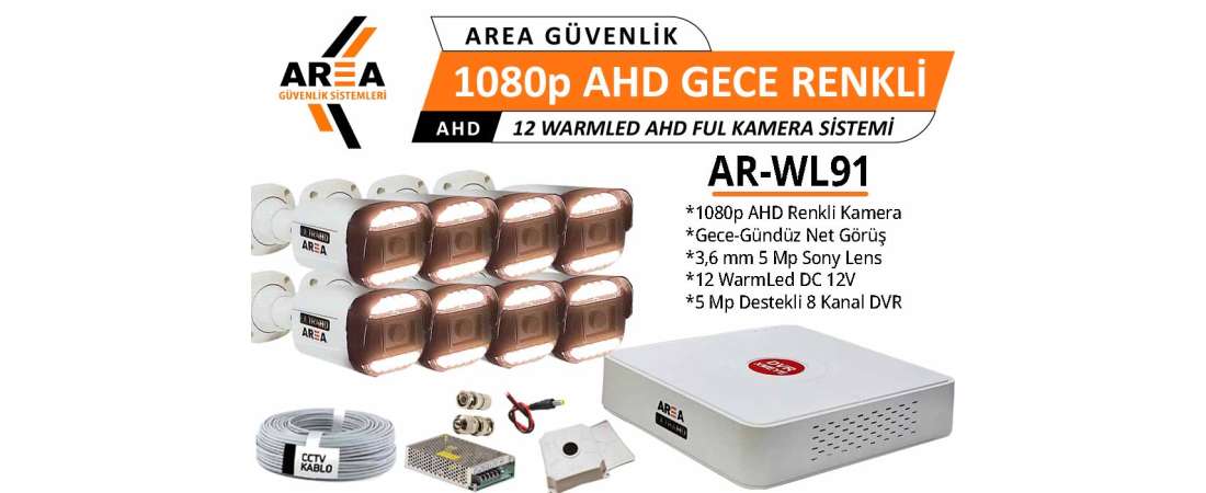 1080p 8 Kameralı Gece Gündüz Renkli Warmled ULTRA HD AHD Güvenlik Seti