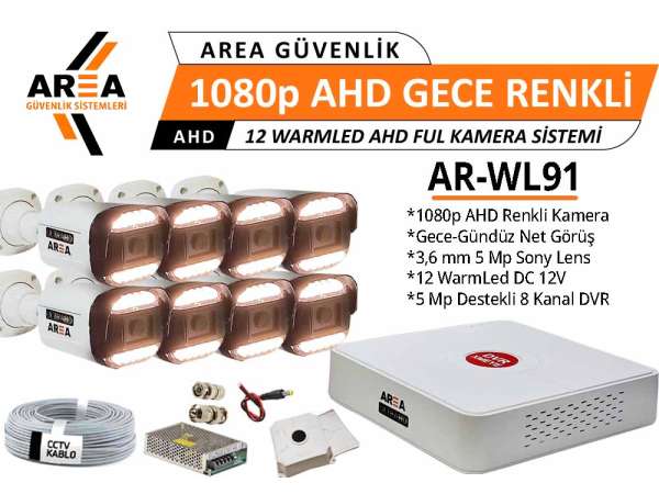 1080p 8 Kameralı Gece Gündüz Renkli Warmled ULTRA HD AHD Güvenlik Seti