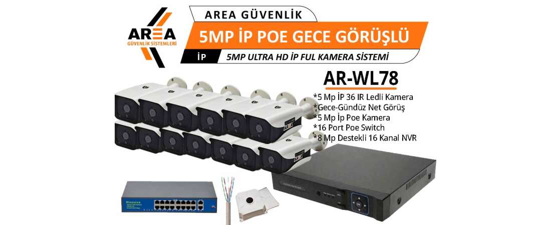 5 MP IP PoE 13 Kameralı Gece Görüşlü Ultra HD IP PoE Güvenlik Seti