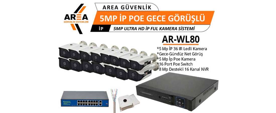 5 MP IP PoE 15 Kameralı Gece Görüşlü Ultra HD IP PoE Güvenlik Seti