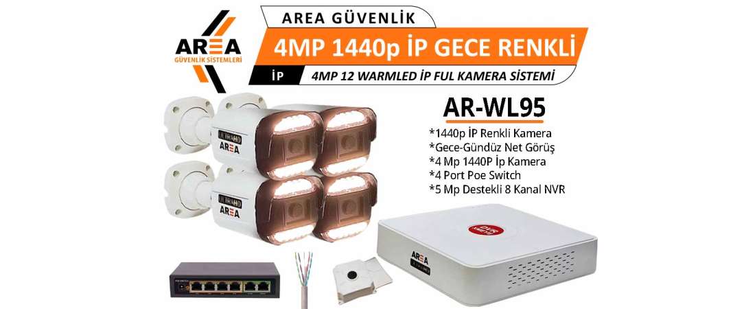 4MP 1440p 4 Kameralı Gece Gündüz Renkli Warmled ULTRA HD İP Güvenlik Seti