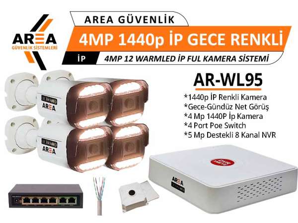 4MP 1440p 4 Kameralı Gece Gündüz Renkli Warmled ULTRA HD İP Güvenlik Seti