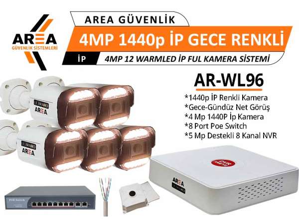 4MP 1440p 5 Kameralı Gece Gündüz Renkli Warmled ULTRA HD İP Güvenlik Seti