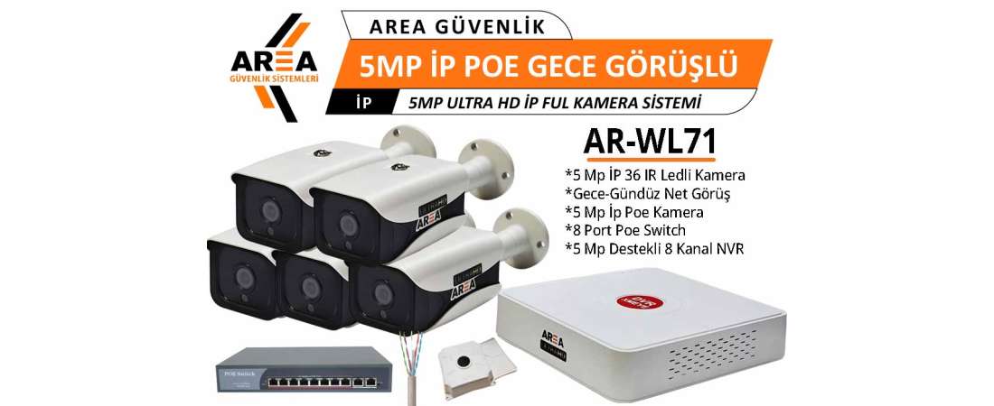 5 MP IP PoE 5 Kameralı Gece Görüşlü Ultra HD IP PoE Güvenlik Seti