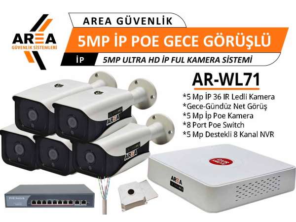 5 MP IP PoE 5 Kameralı Gece Görüşlü Ultra HD IP PoE Güvenlik Seti