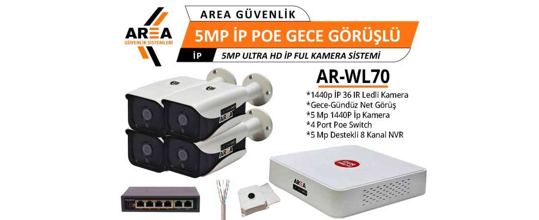 5 MP IP PoE 4 Kameralı Gece Görüşlü Ultra HD IP PoE Güvenlik Seti