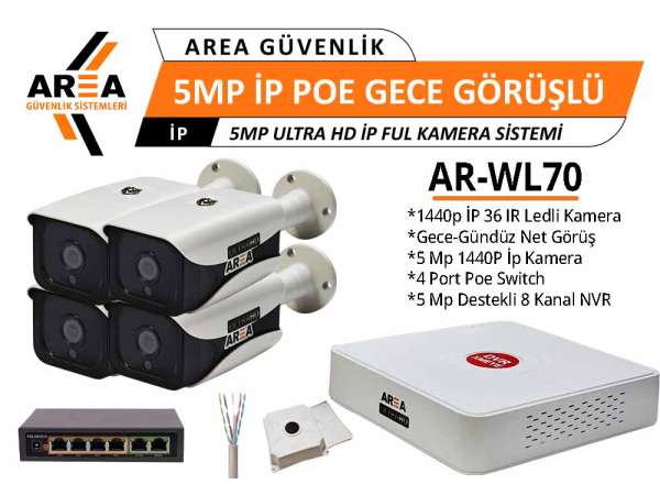 5 MP IP PoE 4 Kameralı Gece Görüşlü Ultra HD IP PoE Güvenlik Seti
