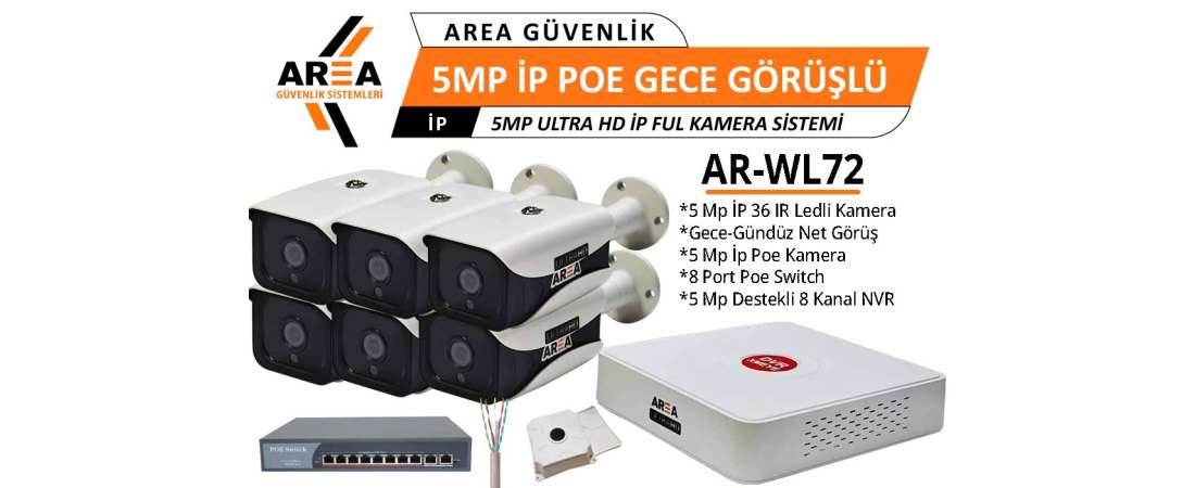 5 MP IP PoE 6 Kameralı Gece Görüşlü Ultra HD IP PoE Güvenlik Seti