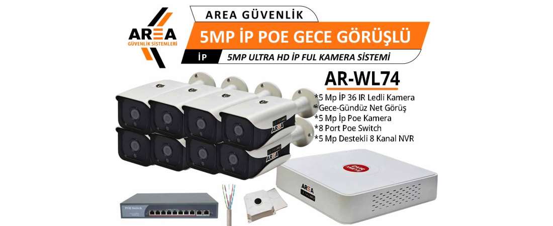 5 MP IP PoE 8 Kameralı Gece Görüşlü Ultra HD IP PoE Güvenlik Seti