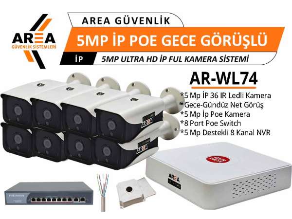 5 MP IP PoE 8 Kameralı Gece Görüşlü Ultra HD IP PoE Güvenlik Seti