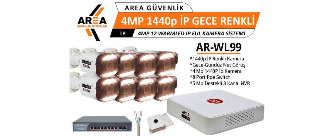 4MP 1440p 8 Kameralı Gece Gündüz Renkli Warmled ULTRA HD İP Güvenlik Seti