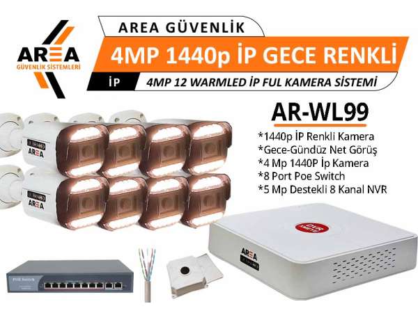 4MP 1440p 8 Kameralı Gece Gündüz Renkli Warmled ULTRA HD İP Güvenlik Seti