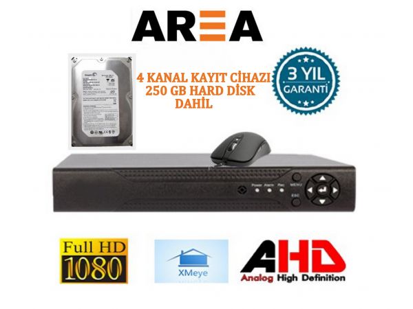 4 KANAL 1080 FULL HD 2 MP HİBRİT H265  KAYIT CİHAZI XMEYE 250 GB HDD DAHİL