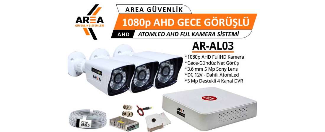 1080p 3 Kameralı Gece Görüşlü AtomLed ULTRA HD AHD Güvenlik Seti