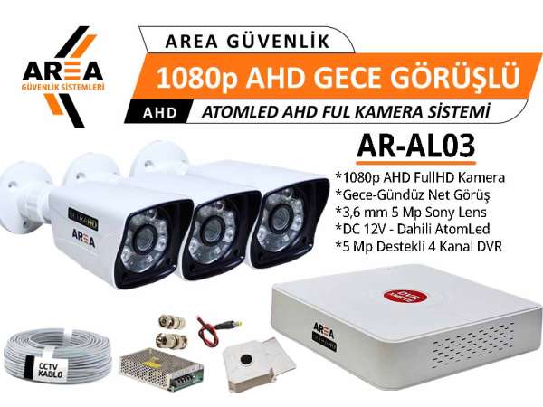 1080p 3 Kameralı Gece Görüşlü AtomLed ULTRA HD AHD Güvenlik Seti