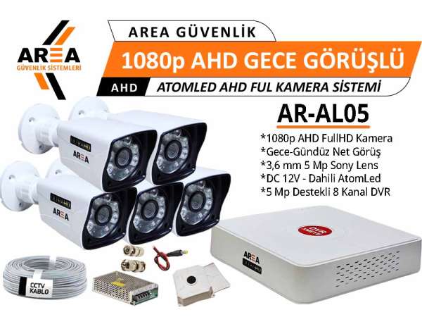 1080p 5 Kameralı Gece Görüşlü AtomLed ULTRA HD AHD Güvenlik Seti